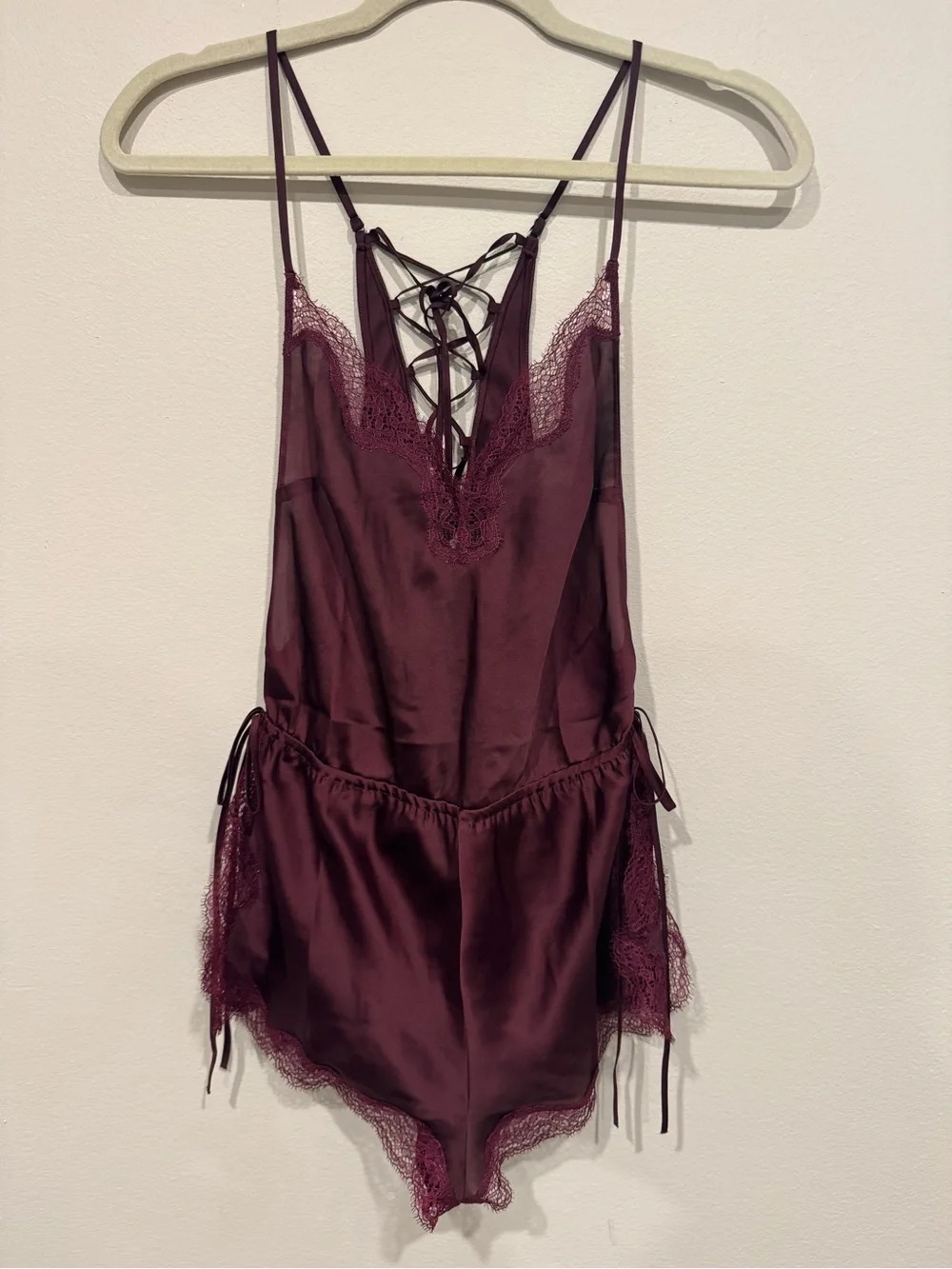 Victoria’s Secret Plum Satin Lace Teddy Romper XS NWT
